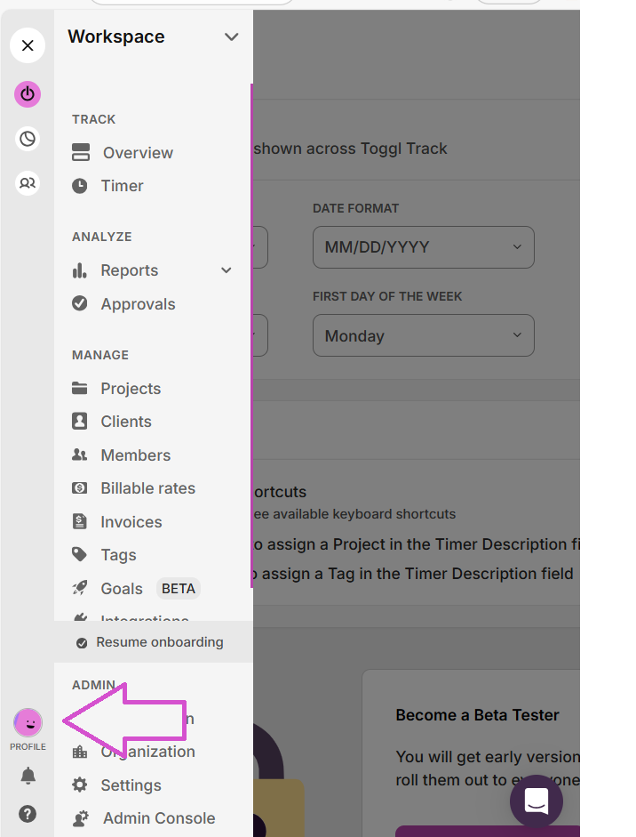 tap toggl track profile