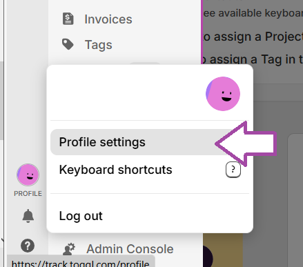 tap toggl track profile settings